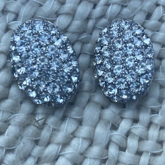 Vintage Givenchy NY Rhinestone Studded Omega Back Pierced Earrings Silver tone - Picture 1 of 7